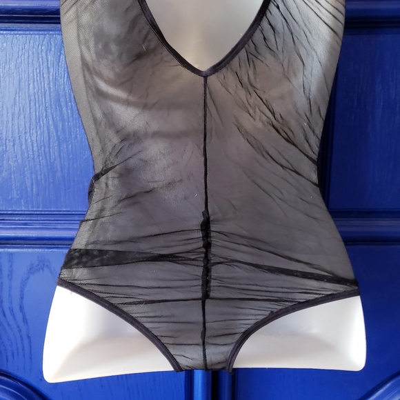 Blue Black Lace Mesh Thong Bodysuit - Picture 9 of 9